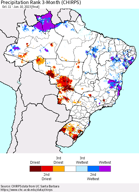 Brazil Precipitation Rank since 1981, 3-Month (CHIRPS) Thematic Map For 10/11/2022 - 1/10/2023