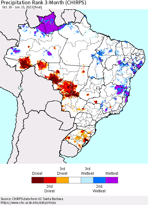 Brazil Precipitation Rank since 1981, 3-Month (CHIRPS) Thematic Map For 10/16/2022 - 1/15/2023
