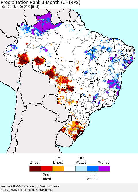 Brazil Precipitation Rank since 1981, 3-Month (CHIRPS) Thematic Map For 10/21/2022 - 1/20/2023