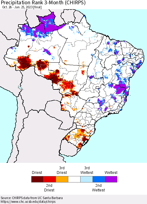 Brazil Precipitation Rank since 1981, 3-Month (CHIRPS) Thematic Map For 10/26/2022 - 1/25/2023