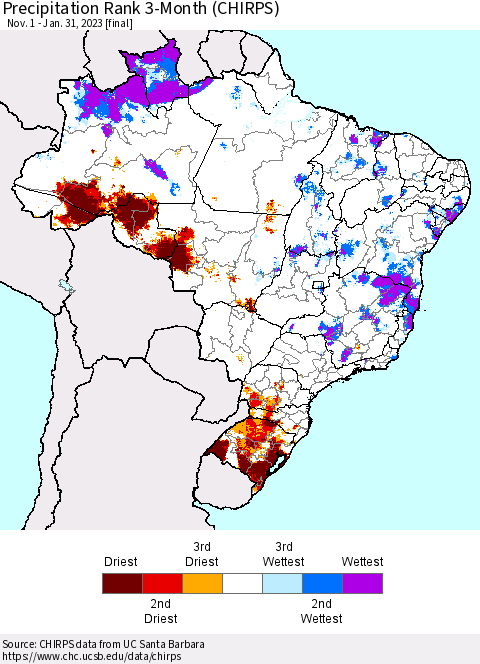 Brazil Precipitation Rank since 1981, 3-Month (CHIRPS) Thematic Map For 11/1/2022 - 1/31/2023