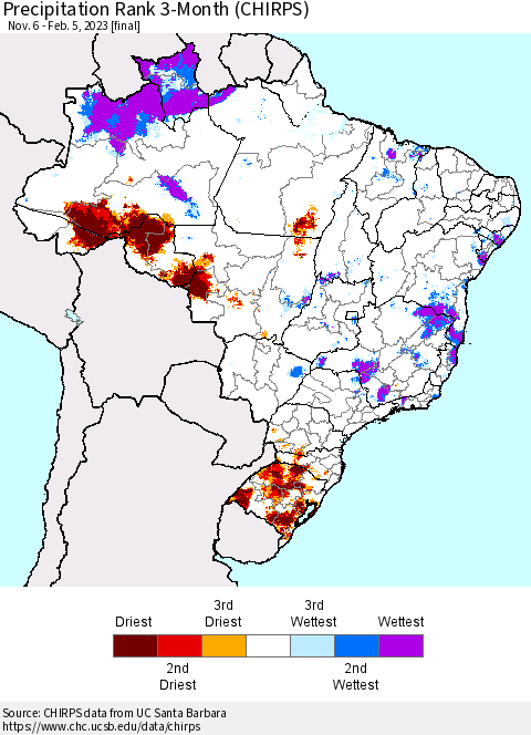 Brazil Precipitation Rank since 1981, 3-Month (CHIRPS) Thematic Map For 11/6/2022 - 2/5/2023