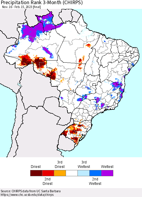 Brazil Precipitation Rank since 1981, 3-Month (CHIRPS) Thematic Map For 11/16/2022 - 2/15/2023