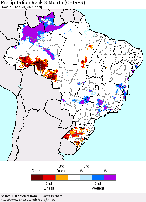 Brazil Precipitation Rank since 1981, 3-Month (CHIRPS) Thematic Map For 11/21/2022 - 2/20/2023