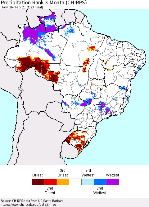 Brazil Precipitation Rank since 1981, 3-Month (CHIRPS) Thematic Map For 11/26/2022 - 2/25/2023