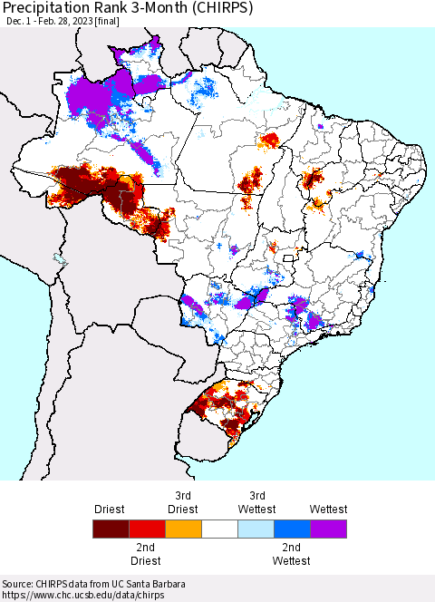 Brazil Precipitation Rank since 1981, 3-Month (CHIRPS) Thematic Map For 12/1/2022 - 2/28/2023