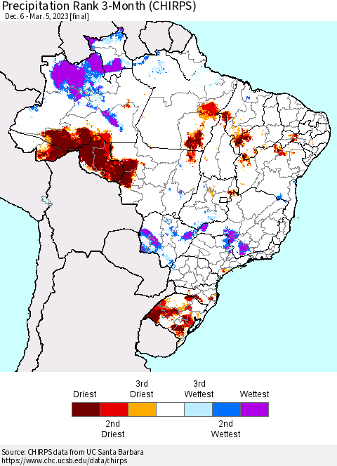 Brazil Precipitation Rank since 1981, 3-Month (CHIRPS) Thematic Map For 12/6/2022 - 3/5/2023