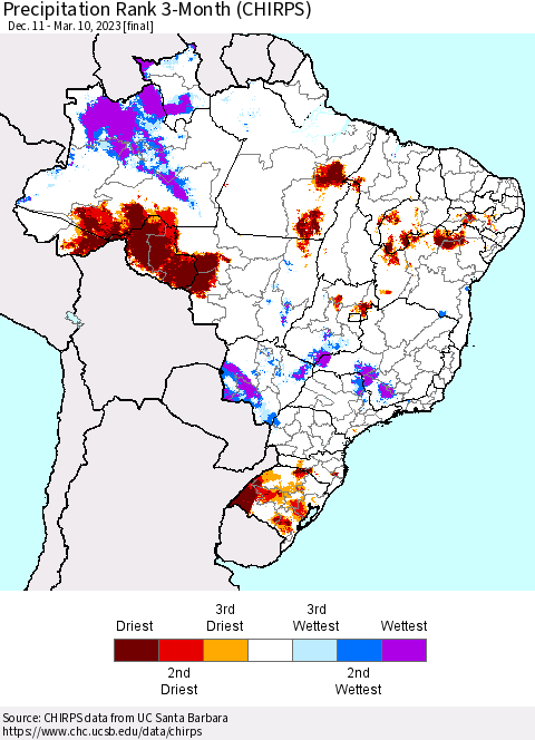 Brazil Precipitation Rank since 1981, 3-Month (CHIRPS) Thematic Map For 12/11/2022 - 3/10/2023