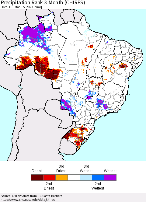 Brazil Precipitation Rank since 1981, 3-Month (CHIRPS) Thematic Map For 12/16/2022 - 3/15/2023