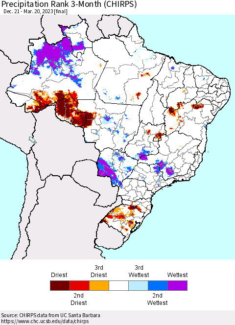 Brazil Precipitation Rank since 1981, 3-Month (CHIRPS) Thematic Map For 12/21/2022 - 3/20/2023