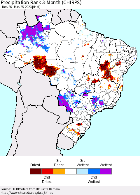 Brazil Precipitation Rank since 1981, 3-Month (CHIRPS) Thematic Map For 12/26/2022 - 3/25/2023