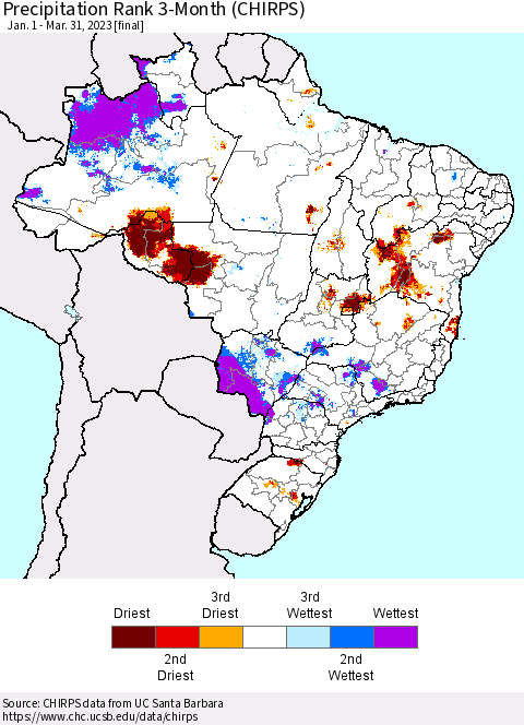 Brazil Precipitation Rank since 1981, 3-Month (CHIRPS) Thematic Map For 1/1/2023 - 3/31/2023