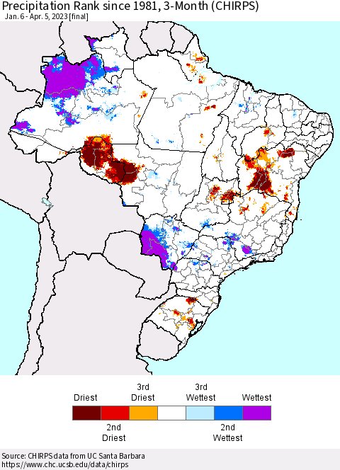 Brazil Precipitation Rank since 1981, 3-Month (CHIRPS) Thematic Map For 1/6/2023 - 4/5/2023