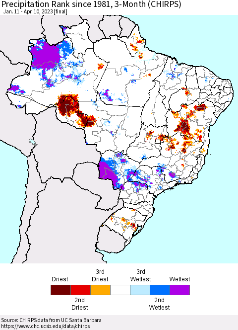 Brazil Precipitation Rank since 1981, 3-Month (CHIRPS) Thematic Map For 1/11/2023 - 4/10/2023