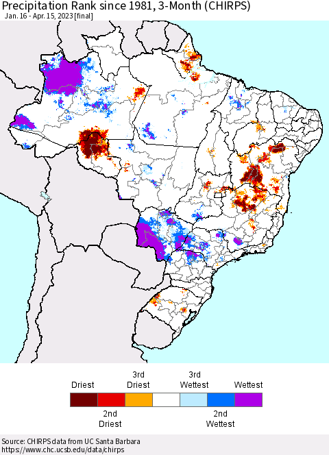 Brazil Precipitation Rank since 1981, 3-Month (CHIRPS) Thematic Map For 1/16/2023 - 4/15/2023