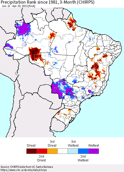 Brazil Precipitation Rank since 1981, 3-Month (CHIRPS) Thematic Map For 1/21/2023 - 4/20/2023
