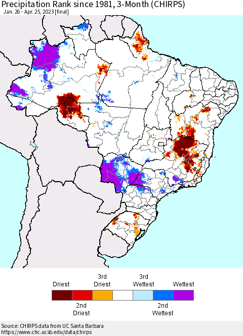Brazil Precipitation Rank since 1981, 3-Month (CHIRPS) Thematic Map For 1/26/2023 - 4/25/2023