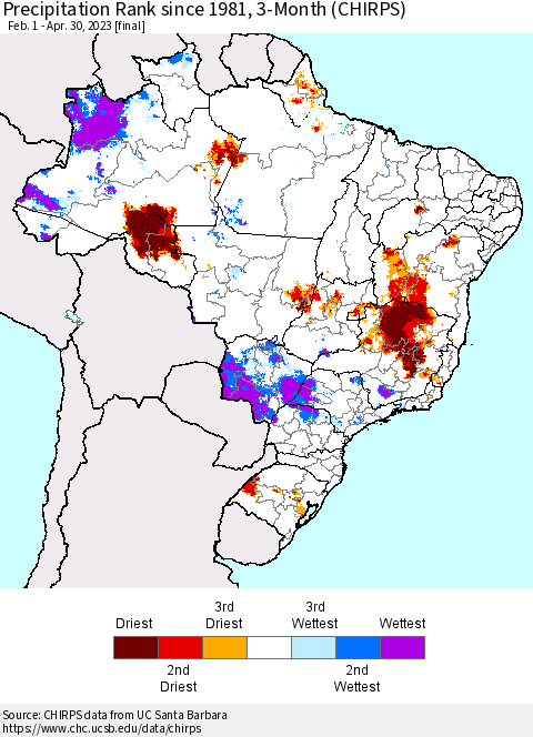 Brazil Precipitation Rank since 1981, 3-Month (CHIRPS) Thematic Map For 2/1/2023 - 4/30/2023