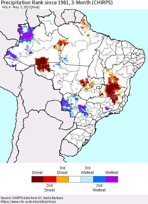 Brazil Precipitation Rank since 1981, 3-Month (CHIRPS) Thematic Map For 2/6/2023 - 5/5/2023