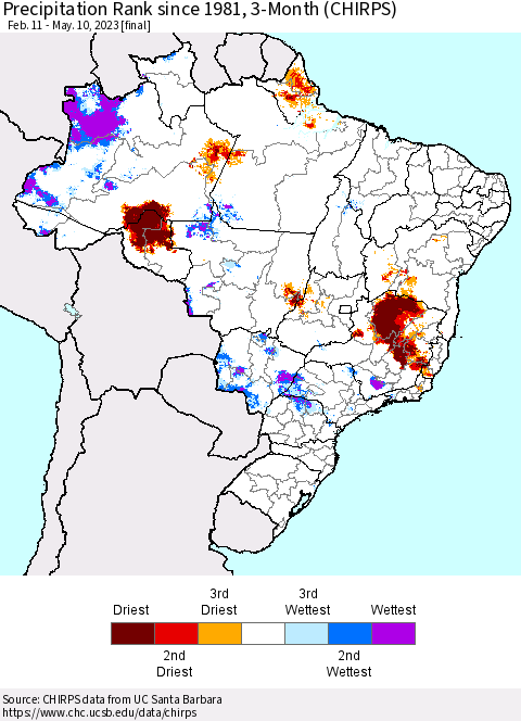 Brazil Precipitation Rank since 1981, 3-Month (CHIRPS) Thematic Map For 2/11/2023 - 5/10/2023