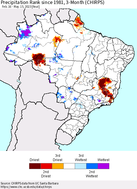 Brazil Precipitation Rank since 1981, 3-Month (CHIRPS) Thematic Map For 2/16/2023 - 5/15/2023