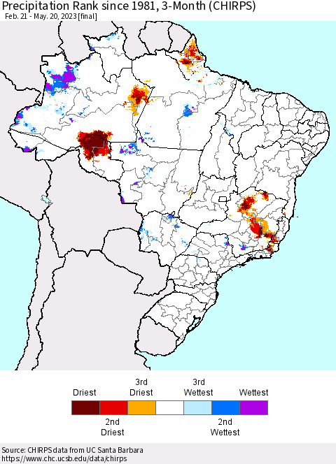 Brazil Precipitation Rank since 1981, 3-Month (CHIRPS) Thematic Map For 2/21/2023 - 5/20/2023