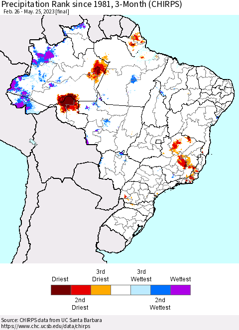 Brazil Precipitation Rank since 1981, 3-Month (CHIRPS) Thematic Map For 2/26/2023 - 5/25/2023