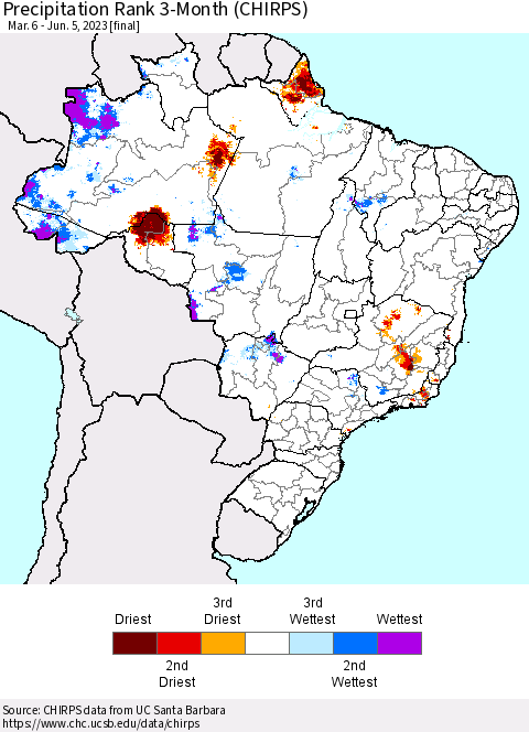 Brazil Precipitation Rank since 1981, 3-Month (CHIRPS) Thematic Map For 3/6/2023 - 6/5/2023