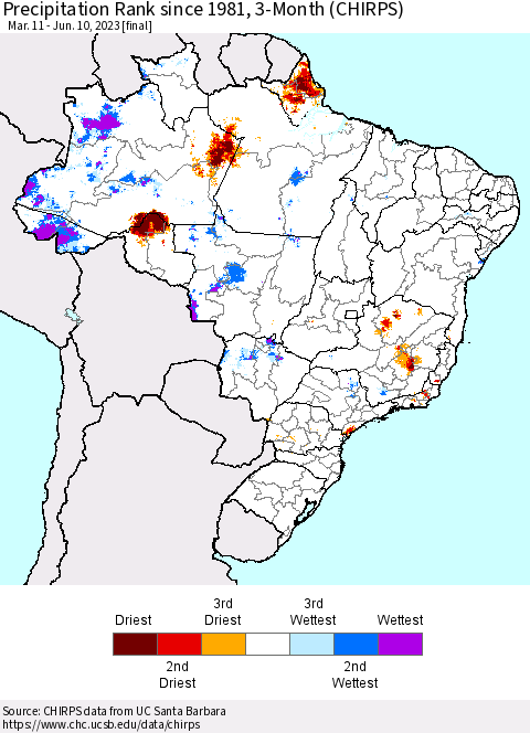 Brazil Precipitation Rank since 1981, 3-Month (CHIRPS) Thematic Map For 3/11/2023 - 6/10/2023