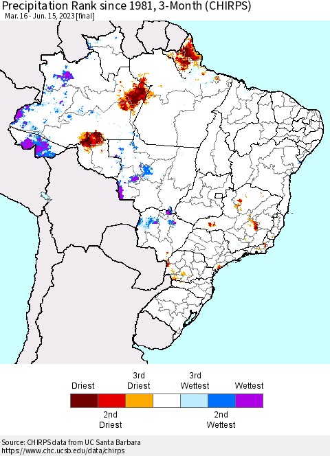 Brazil Precipitation Rank since 1981, 3-Month (CHIRPS) Thematic Map For 3/16/2023 - 6/15/2023