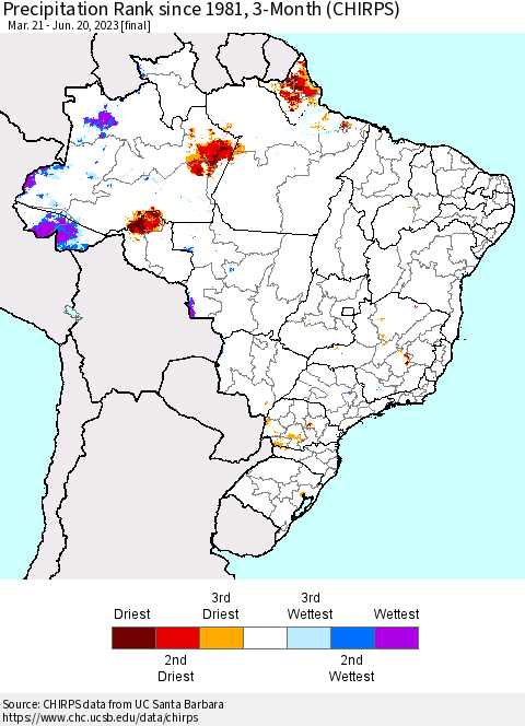 Brazil Precipitation Rank since 1981, 3-Month (CHIRPS) Thematic Map For 3/21/2023 - 6/20/2023
