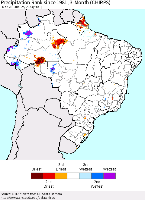 Brazil Precipitation Rank since 1981, 3-Month (CHIRPS) Thematic Map For 3/26/2023 - 6/25/2023