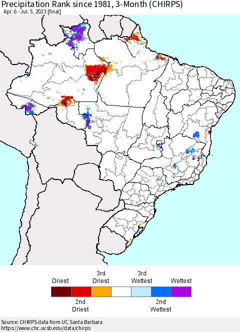 Brazil Precipitation Rank since 1981, 3-Month (CHIRPS) Thematic Map For 4/6/2023 - 7/5/2023