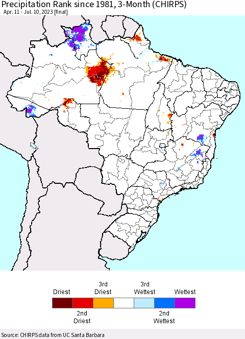 Brazil Precipitation Rank since 1981, 3-Month (CHIRPS) Thematic Map For 4/11/2023 - 7/10/2023