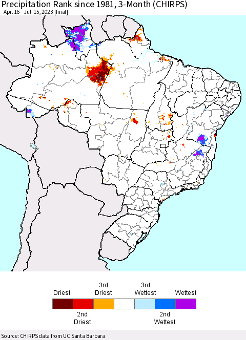 Brazil Precipitation Rank since 1981, 3-Month (CHIRPS) Thematic Map For 4/16/2023 - 7/15/2023