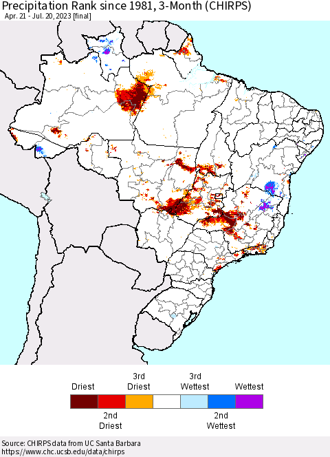 Brazil Precipitation Rank since 1981, 3-Month (CHIRPS) Thematic Map For 4/21/2023 - 7/20/2023