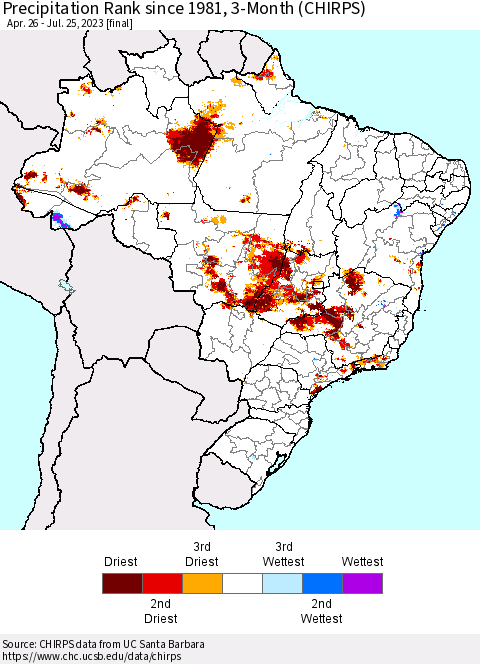 Brazil Precipitation Rank since 1981, 3-Month (CHIRPS) Thematic Map For 4/26/2023 - 7/25/2023