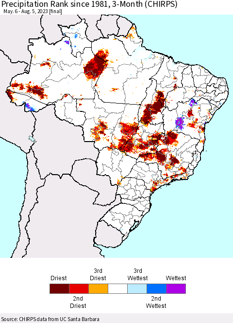 Brazil Precipitation Rank since 1981, 3-Month (CHIRPS) Thematic Map For 5/6/2023 - 8/5/2023