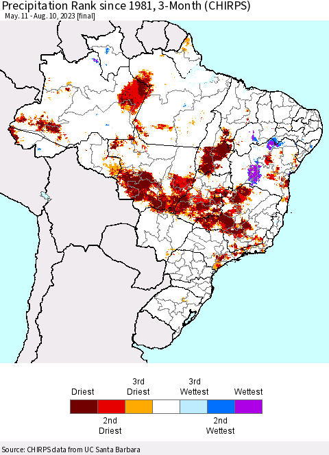 Brazil Precipitation Rank since 1981, 3-Month (CHIRPS) Thematic Map For 5/11/2023 - 8/10/2023