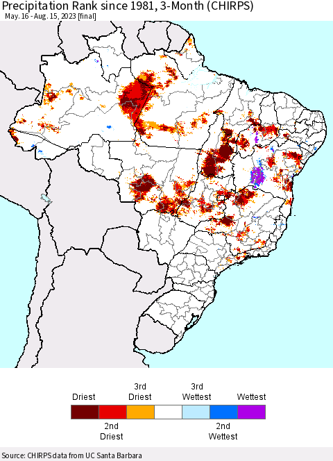 Brazil Precipitation Rank since 1981, 3-Month (CHIRPS) Thematic Map For 5/16/2023 - 8/15/2023