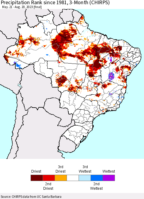 Brazil Precipitation Rank since 1981, 3-Month (CHIRPS) Thematic Map For 5/21/2023 - 8/20/2023