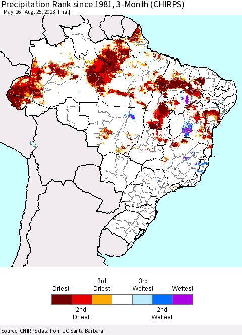 Brazil Precipitation Rank since 1981, 3-Month (CHIRPS) Thematic Map For 5/26/2023 - 8/25/2023