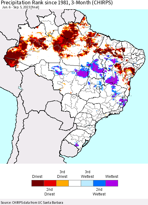 Brazil Precipitation Rank since 1981, 3-Month (CHIRPS) Thematic Map For 6/6/2023 - 9/5/2023