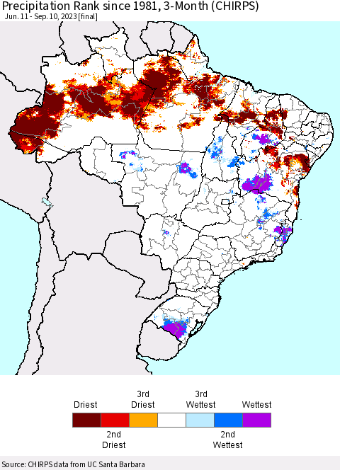 Brazil Precipitation Rank since 1981, 3-Month (CHIRPS) Thematic Map For 6/11/2023 - 9/10/2023
