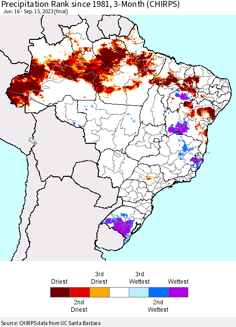 Brazil Precipitation Rank since 1981, 3-Month (CHIRPS) Thematic Map For 6/16/2023 - 9/15/2023