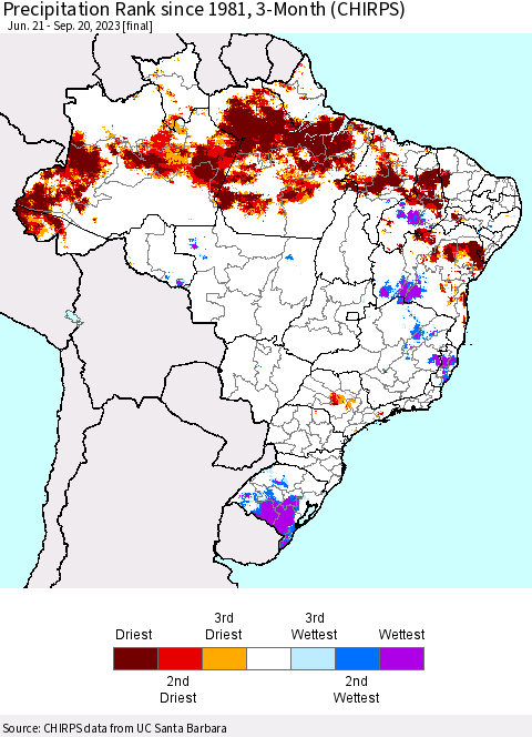 Brazil Precipitation Rank since 1981, 3-Month (CHIRPS) Thematic Map For 6/21/2023 - 9/20/2023