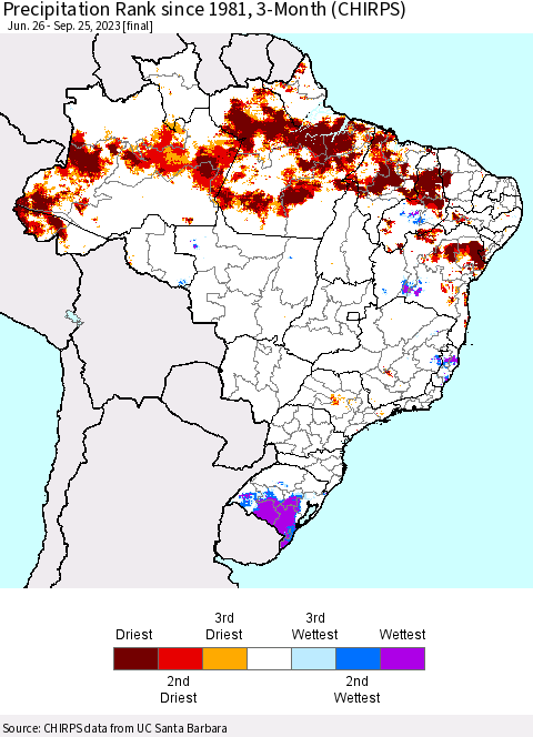 Brazil Precipitation Rank since 1981, 3-Month (CHIRPS) Thematic Map For 6/26/2023 - 9/25/2023