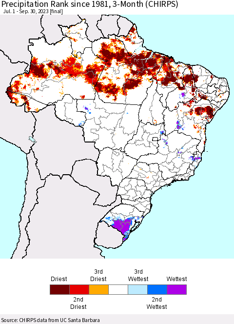 Brazil Precipitation Rank since 1981, 3-Month (CHIRPS) Thematic Map For 7/1/2023 - 9/30/2023