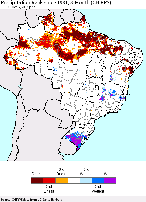 Brazil Precipitation Rank since 1981, 3-Month (CHIRPS) Thematic Map For 7/6/2023 - 10/5/2023