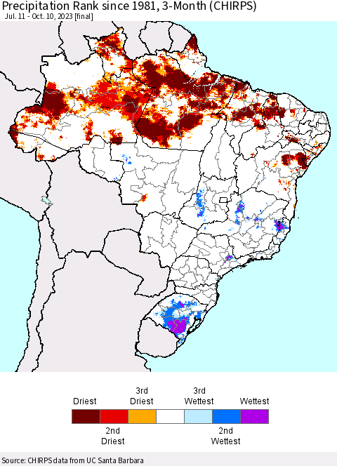 Brazil Precipitation Rank since 1981, 3-Month (CHIRPS) Thematic Map For 7/11/2023 - 10/10/2023